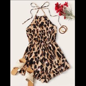 Leopard Print Halter Tieback Romper